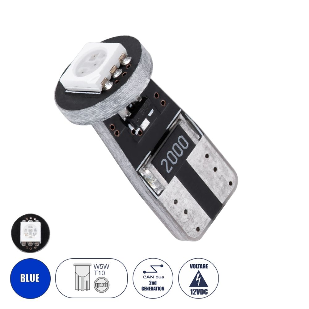 GloboStar® T10 W5W 24640 Λάμπα Αυτοκίνητου LED  2rd Generation Can-Bus Series 1xSMD5050 1.5W 120lm 120° DC 12V IP20 Φ1 x H2.2cm Μπλε