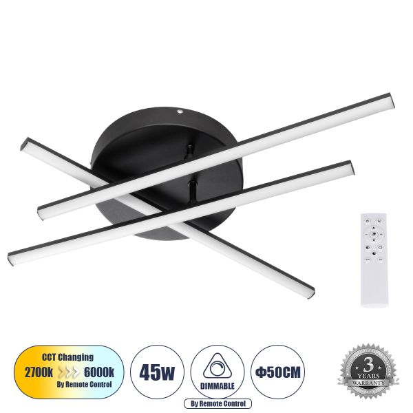 GLOBOSTAR® DRACO 61093 Μοντέρνο Φωτιστικό Οροφής LED 45W 5535lm 120° AC 220-240V IP20 Ρυθμιζόμενο Λευκό CCT με Χειριστήριο από 2700K έως 6000K Dimmable - Lumileds SMD Chip - Μαύρο Ματ - Μ50 x Π50 x Υ11cm - 3 Χρόνια Εγγύηση
