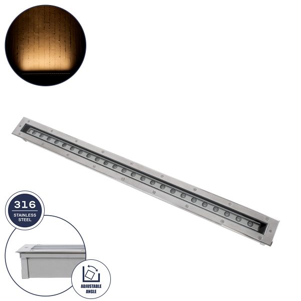 GloboStar® UNDERGROUND-PASSAGGIO 90196 Χωνευτό Φωτιστικό Wall Washer Δαπέδου LED 24W 2160lm 10° DC 24V Αδιάβροχο IP68 με Ρυθμιζόμενη Γωνία Φωτισμού L108 x W9 x H7.5cm Θερμό Λευκό 2700K - Ανοξείδωτο Ατσάλι - 3 Years Warranty