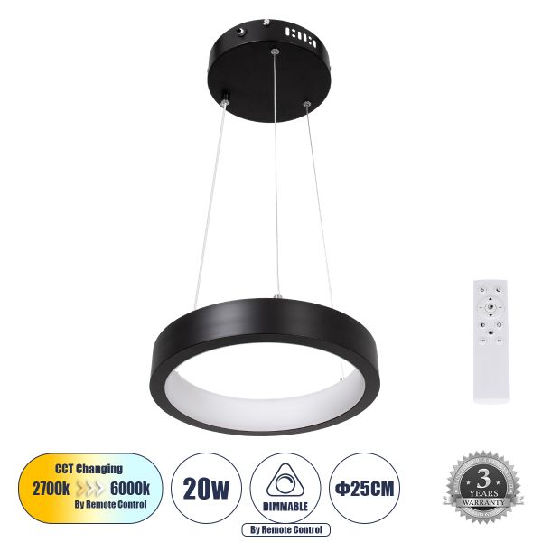 GLOBOSTAR® NEMESIS 61152 Μοντέρνο Κρεμαστό Φωτιστικό Οροφής LED 20W 2356lm 360° AC 220-240V IP20 Ρυθμιζόμενο Λευκό CCT με Χειριστήριο από 2700K έως 6000K Dimmable - Lumileds SMD Chip - Μαυρό - Μ25 x Π25 x Υ4cm - 3 Χρόνια Εγγύηση