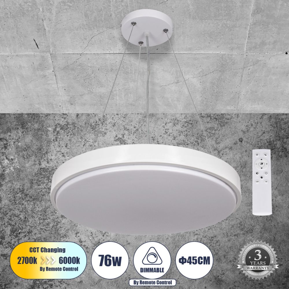 GLOBOSTAR® CASPER 61018 Μοντέρνο Κρεμαστό Φωτιστικό Οροφής LED 76W 8372lm 120° AC 220-240V IP20 Ρυθμιζόμενο Λευκό CCT με Χειριστήριο από 2700K έως 6000K Dimmable - Lumileds SMD Chip - Λευκό Ματ - Μ45 x Π45 x Υ5.5cm - 3 Χρόνια Εγγύηση