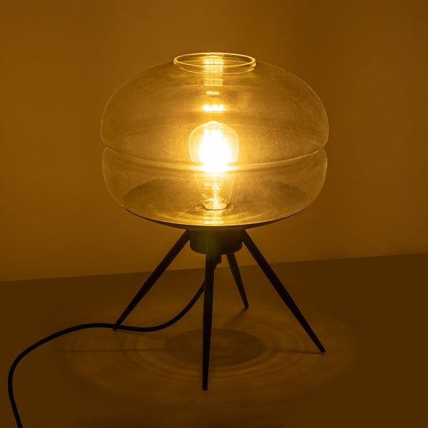 GloboStar® JAVAN 999-0036 Μοντέρνο Επιτραπέζιο Φωτιστικό Πορτατίφ Μονόφωτο 1 x E27 IP20 Διάφανο Γυαλί με Μαύρο Μέταλλο - Μ30 x Π30 x Υ19cm