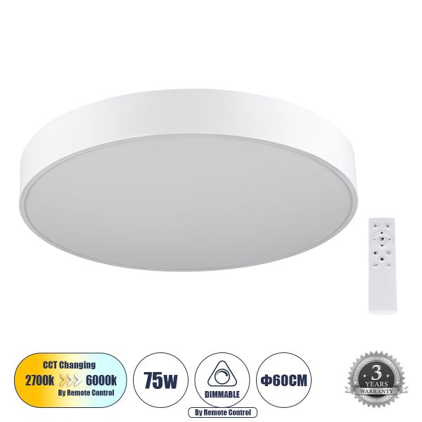 GLOBOSTAR® BURTON 61203-S Μοντέρνο Φωτιστικό Οροφής LED 75W 8625lm 120° AC 220-240V IP20 Ρυθμιζόμενο Λευκό CCT με Χειριστήριο από 2700K έως 6000K Dimmable - Lumileds SMD Chip - Λευκό Ματ - Μ60 x Π60 x Υ8cm - 3 Χρόνια Εγγύηση