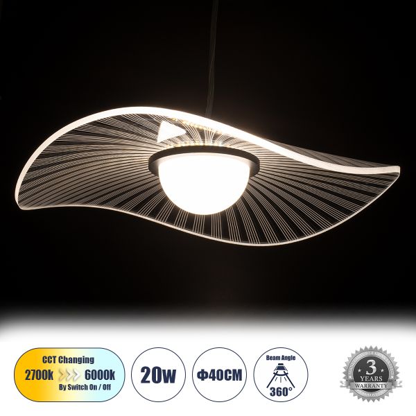 GloboStar® ACRYLICA 60974 Κρεμαστό Φωτιστικό Οροφής Design LED CCT 20W 2240lm 360° AC 220-240V - Εναλλαγή Φωτισμού μέσω Διακόπτη On/Off All In One Ψυχρό 6000k+Φυσικό 4500k+Θερμό 2700k Φ40cm - Μαύρο με Διάφανο Laser Designed Plexiglass - 3 Years Warranty