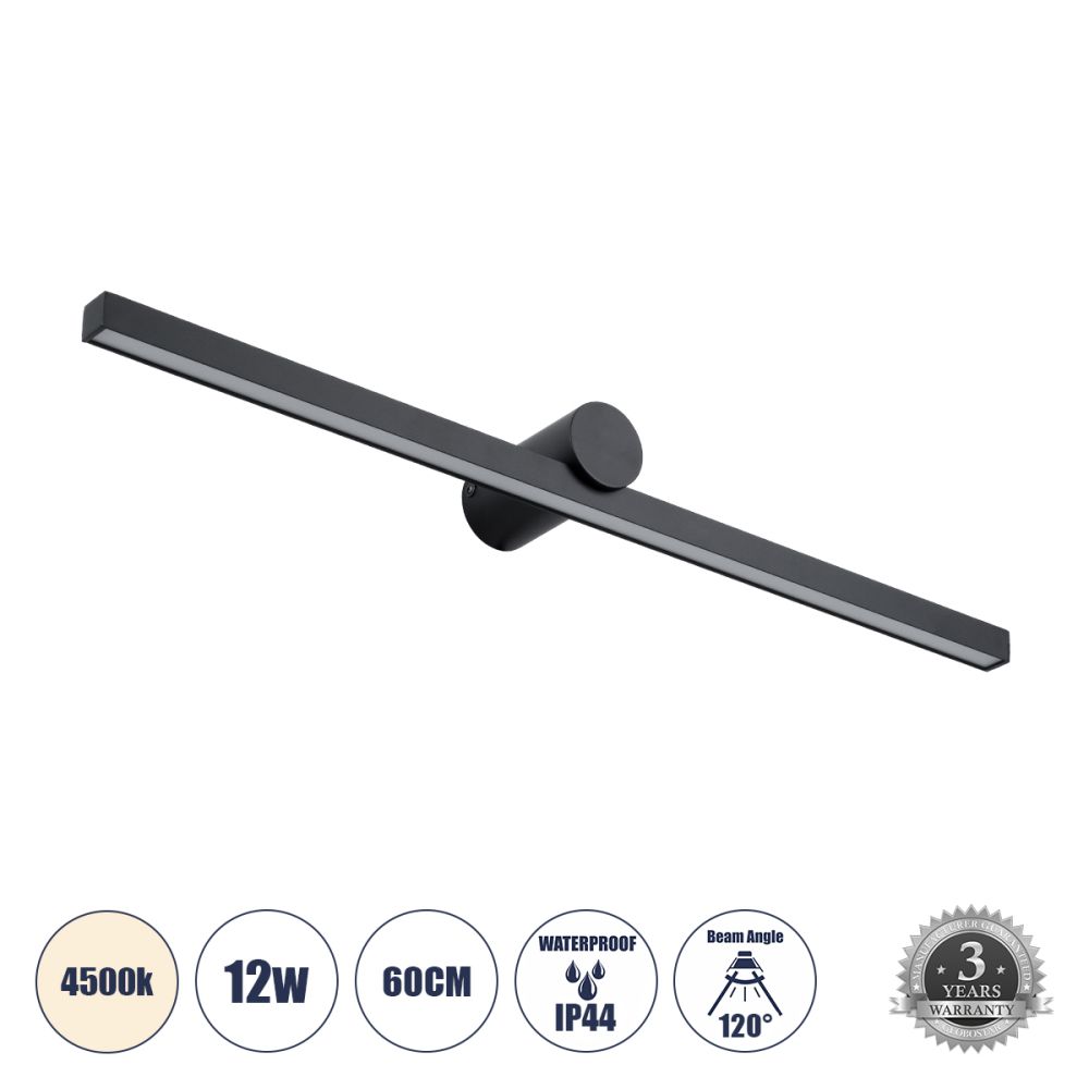 GLOBOSTAR® ROSA 60450 Μοντέρνο Φωτιστικό Τοίχου - Απλίκα Καθρέπτη Μπάνιου LED 12W 1400lm 120° AC 220-240V IP20 Φυσικό Λευκό 4500K - Lumileds SMD Chip & TÜV SÜD Driver - Μαύρο Ματ - Μ60 x Π15 x Υ7cm - 3 Χρόνια Εγγύηση