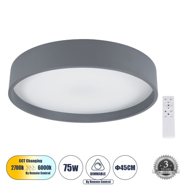 GLOBOSTAR® NARNIA 61258 Μοντέρνο Φωτιστικό Οροφής LED 75W 8625lm 120° AC 220-240V IP20 Ρυθμιζόμενο Λευκό CCT με Χειριστήριο από 2700K έως 6000K Dimmable - Lumileds SMD Chip - Γκρι Ανθρακί Ματ - Μ45 x Π45 x Υ8cm - 3 Χρόνια Εγγύηση