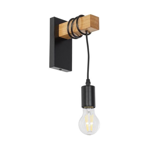 GloboStar® KELA 00880 Μοντέρνο Επιτοίχιο Φωτιστικό Απλίκα Μονόφωτο 1 x E27 IP20 Μαύρο Μέταλλο με Μπεζ Ξύλο - Μ8 x Π15 x Υ30cm