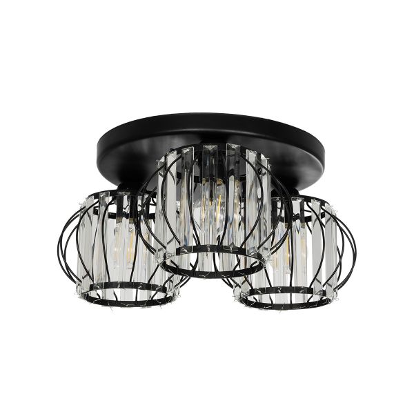 GloboStar® ILLUME 201-0100 Vintage Φωτιστικό Οροφής Κρύσταλλα Τρίφωτο 3 x E27 IP20 Μαύρο & Χρυσό Μέταλλο με Διάφανο Κρύσταλλο - Μ50 x Π50 x Υ19cm
