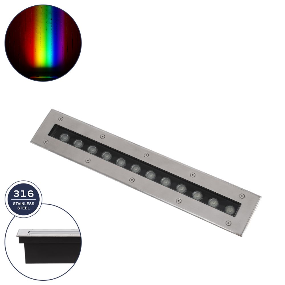 GLOBOSTAR® UNDERGROUNDREMVI 90193 Χωνευτή Μπάρα Φωτισμού Wall Washer LED 12W 1020lm 10° DC 24V Αδιάβροχο IP68 Πολύχρωμο RGBW Dimmable DMX512 - Bridgelux SMD Chip - Ανοξείδωτο Ατσάλι SS316 - Μ50 x Π9 x Υ7.2cm / Q48.5 x 7.5cm - 3 Χρόνια Εγγύηση
