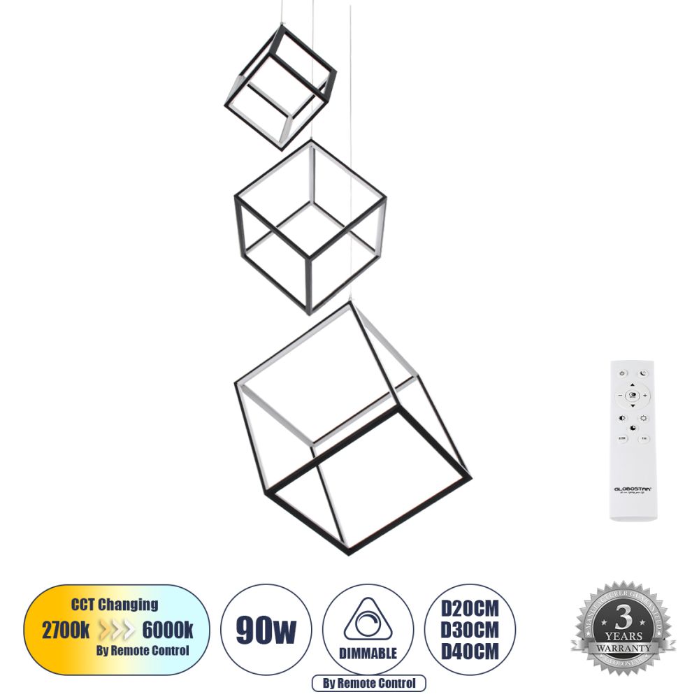 GLOBOSTAR® KIBOO-TRIO 60931 Μοντέρνο Κρεμαστό Φωτιστικό Οροφής LED 90W 10350lm 360° AC 220-240V IP20 Ρυθμιζόμενο Λευκό CCT με Χειριστήριο από 2700K έως 6000K Dimmable - Lumileds SMD Chip - Μαύρο Ματ - Μ60 x Π60 x Υ80cm - 3 Χρόνια Εγγύηση