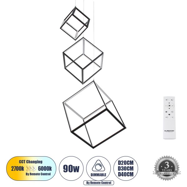 GLOBOSTAR® KIBOO-TRIO 60931 Μοντέρνο Κρεμαστό Φωτιστικό Οροφής LED 90W 10350lm 360° AC 220-240V IP20 Ρυθμιζόμενο Λευκό CCT με Χειριστήριο από 2700K έως 6000K Dimmable - Lumileds SMD Chip - Μαύρο - Μ60 x Π60 x Υ80cm - 3 Χρόνια Εγγύηση