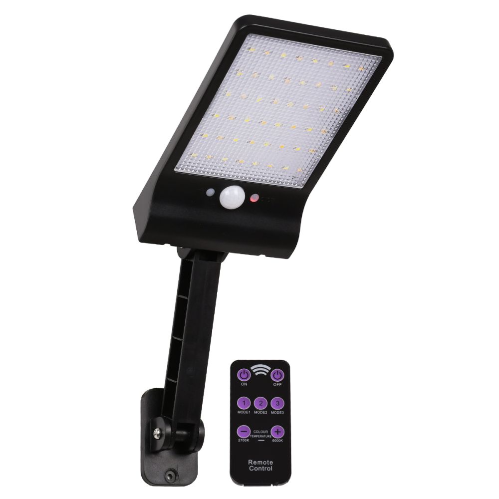 GLOBOSTAR® RASOL 71465 Προβολέας με Ανιχνευτή PIR / Αισθητήρα Κίνησης LED 4W 200lm 120° DC 5V με Φωτοβολταϊκό Panel 5V 0.3W & Επαναφορτιζόμενη Μπαταρία Li-ion 3.2V 2200mAh Αδιάβροχο IP65 Ρυθμιζόμενο Λευκό CCT με Χειριστήριο από 2700K έως 6000K Dimmabl