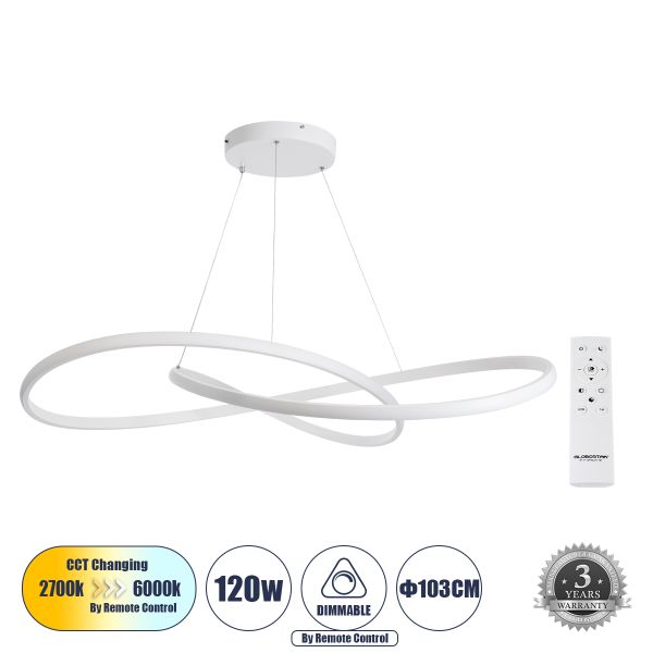 GLOBOSTAR® DEXTER 60918 Μοντέρνο Κρεμαστό Φωτιστικό Οροφής LED 120W 13440lm 300° AC 220-240V IP20 Ρυθμιζόμενο Λευκό CCT με Χειριστήριο από 2700K έως 6000K Dimmable - Lumileds SMD Chip - Λευκό - Μ103 x Π103 x Υ22cm - 3 Χρόνια Εγγύηση