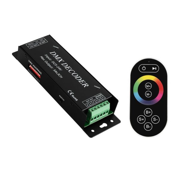 GLOBOSTAR® RGBCONTROLLER 73412 DMX Dimmer / Controller με RF Ασύρματο Χειριστήριο με 3 x 15A 75W Κανάλια DC 5-24V 15A 360W Max IP20 - DMX512 & RF2.4Ghz - Μ17.5 x Π3 x Υ3.5cm - 1 Χρόνος Εγγύηση