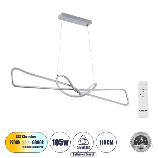 GLOBOSTAR® DOLORES 61281 Μοντέρνο Κρεμαστό Φωτιστικό Οροφής LED 105W 11760lm 300° AC 220-240V IP20 Ρυθμιζόμενο Λευκό CCT με Χειριστήριο από 2700K έως 6000K Dimmable - Lumileds SMD Chip - Νίκελ Βούρτσας - Μ110 x Π17 x Υ17.5cm - 3 Χρόνια Εγγύηση