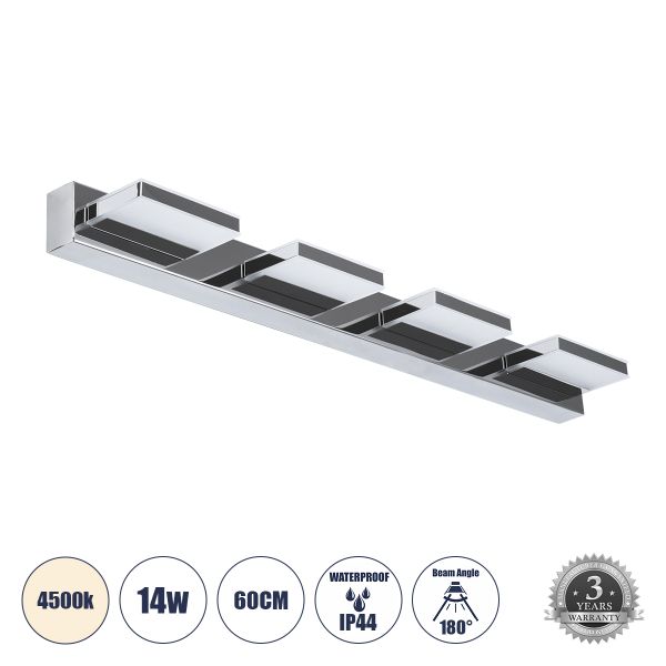 GLOBOSTAR® KARLA 60456 Μοντέρνο Φωτιστικό Τοίχου - Απλίκα Καθρέπτη Μπάνιου LED 14W 1600lm 180° AC 220-240V IP20 Φυσικό Λευκό 4500K - Lumileds SMD Chip & TÜV SÜD Driver - Νίκελ Χρώμιο - Μ60 x Π9 x Υ5cm - 3 Χρόνια Εγγύηση