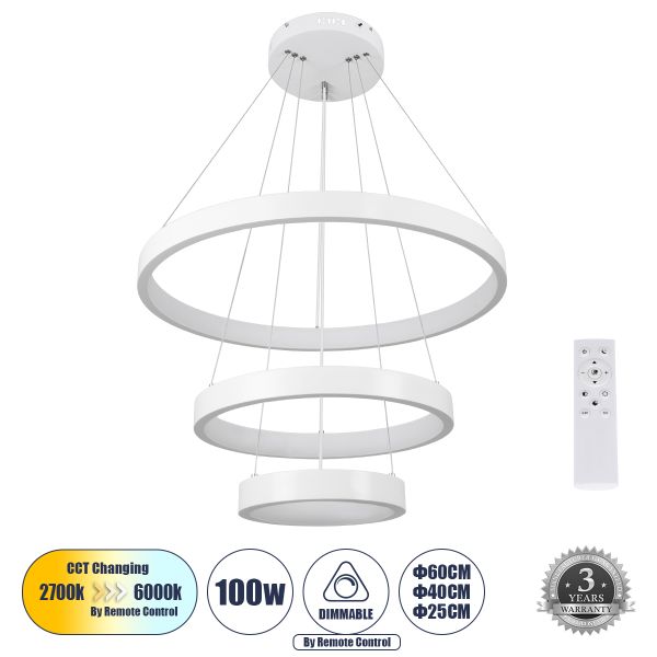 GLOBOSTAR® NEMESIS TRIO 61168 Μοντέρνο Κρεμαστό Φωτιστικό Οροφής LED 100W 12123lm 360° AC 220-240V IP20 Ρυθμιζόμενο Λευκό CCT με Χειριστήριο από 2700K έως 6000K Dimmable - Lumileds SMD Chip - Λευκό - Μ60 x Π60 x Υ90cm - 3 Χρόνια Εγγύηση