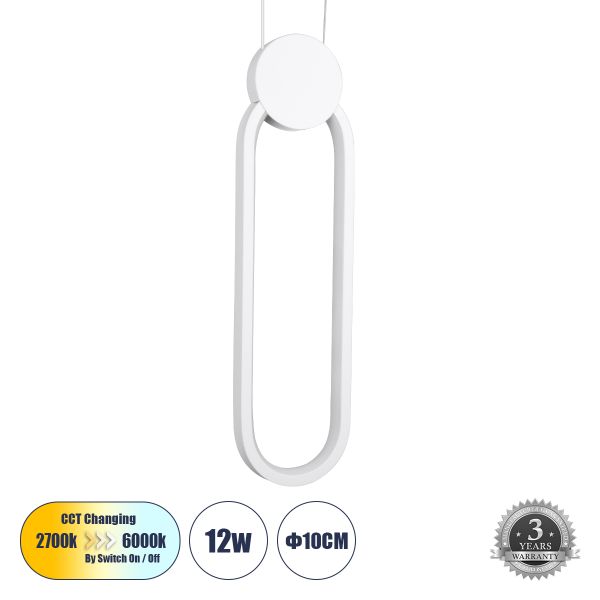GLOBOSTAR® ILDI 61089 Μοντέρνο Κρεμαστό Φωτιστικό Οροφής LED 12W 1440lm 300° AC 220-240V IP20 Ρυθμιζόμενο Λευκό CCT με On/Off 2700K/4500K/6000K - Lumileds SMD Chip - Λευκό - Μ10 x Π2.3 x Υ38cm - 3 Χρόνια Εγγύηση