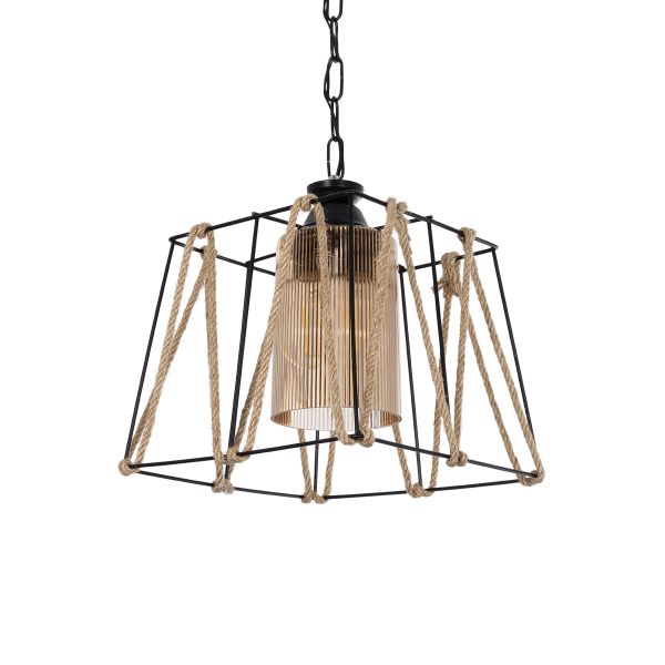 GLOBOSTAR® GATSBY 203-0007 Vintage Κρεμαστό Φωτιστικό Οροφής με Ντουί 1 x E27 AC 220-240V IP20 - Μαύρο, Μπεζ & Μελί - Μ25 x Π25 x Υ25cm