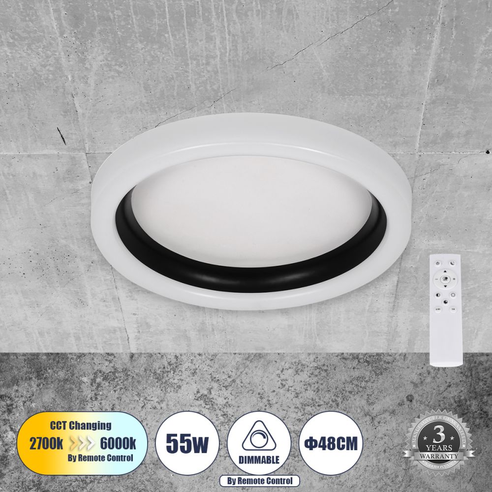 GLOBOSTAR® ARIANA 61034 Μοντέρνο Φωτιστικό Οροφής LED 55W 6376lm 120° AC 220-240V IP20 Ρυθμιζόμενο Λευκό CCT με Χειριστήριο από 2700K έως 6000K Dimmable - Lumileds SMD Chip - Λευκό Ματ & Μαύρο Ματ - Μ48 x Π48 x Υ9cm - 3 Χρόνια Εγγύηση