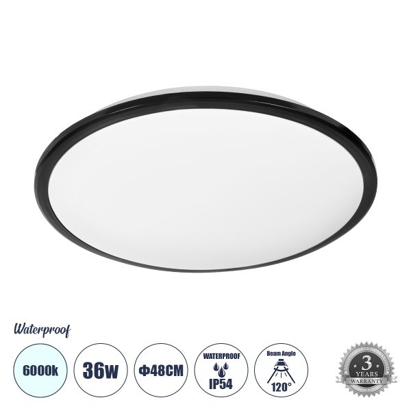 GloboStar® TUFFIN 60998 Πλαφονιέρα Οροφής LED 36W 4140lm 120° AC 220-240V Αδιάβροχη IP54 Φ48 x Υ6.5cm Ψυχρό Λευκό 6000K - Μαύρο - Bridgelux Chips - 3 Years Warranty