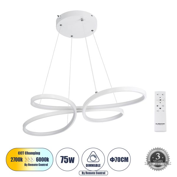 GLOBOSTAR® BUTTERFLY 61392 Μοντέρνο Κρεμαστό Φωτιστικό Οροφής LED 75W 8400lm 300° AC 220-240V IP20 Ρυθμιζόμενο Λευκό CCT με Χειριστήριο από 2700K έως 6000K Dimmable - Lumileds SMD Chip - Λευκό - Μ70 x Π55 x Υ4cm - 3 Χρόνια Εγγύηση