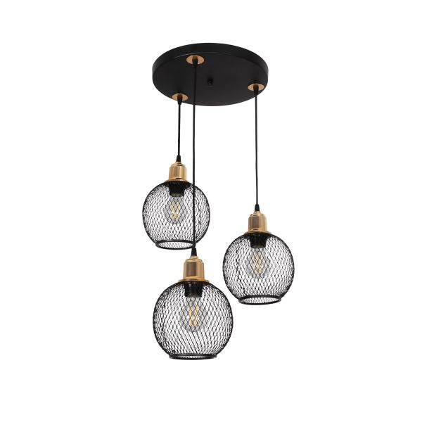 GloboStar® VIVIDUS 201-0020 Vintage Κρεμαστό Φωτιστικό Πλέγμα Τρίφωτο 3 x E27 IP20 Μαύρο & Χρυσό Μέταλλο - Μ40 x Π40 x Υ60cm