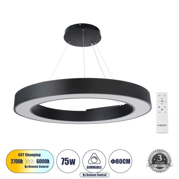 GLOBOSTAR® RA 61196 Μοντέρνο Κρεμαστό Φωτιστικό Οροφής LED 75W 8250lm 120° AC 220-240V IP20 Ρυθμιζόμενο Λευκό CCT με Χειριστήριο από 2700K έως 6000K Dimmable - Lumileds SMD Chip - Μαύρο - Μ80 x Π80 x Υ8cm - 3 Χρόνια Εγγύηση