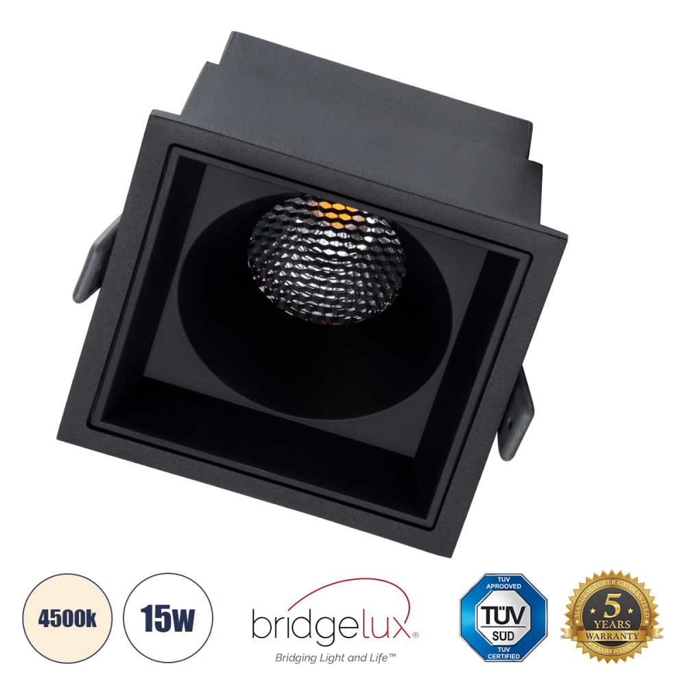 GLOBOSTAR® PLUTO-B 60280 Χωνευτό Downlight Σποτ με Honeycomb Anti Glare Reflector LED 15W 1950lm 38° AC 220-240V IP20 Φυσικό Λευκό 4500K - Bridgelux COB Chip & TÜV SÜD Driver - Μαύρο Ματ - Μ10.4 x Π10.4 x Υ6.5cm / Q9.5 x 9.5cm - 5 Χρόνια Εγγύηση