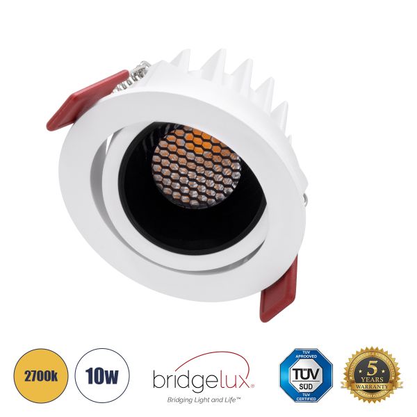 GloboStar® LEO-R 60283 Χωνευτό LED Spot Downlight TrimLess Φ8.5cm 10W 1250lm 38° AC 220-240V IP20 Φ8.5 x Υ6.6cm - Στρόγγυλο - Κινούμενο - Λευκό με Μαύρο Κάτοπτρο & Anti-Glare HoneyComb - Θερμό Λευκό 2700K - Bridgelux COB - 5 Years Warranty