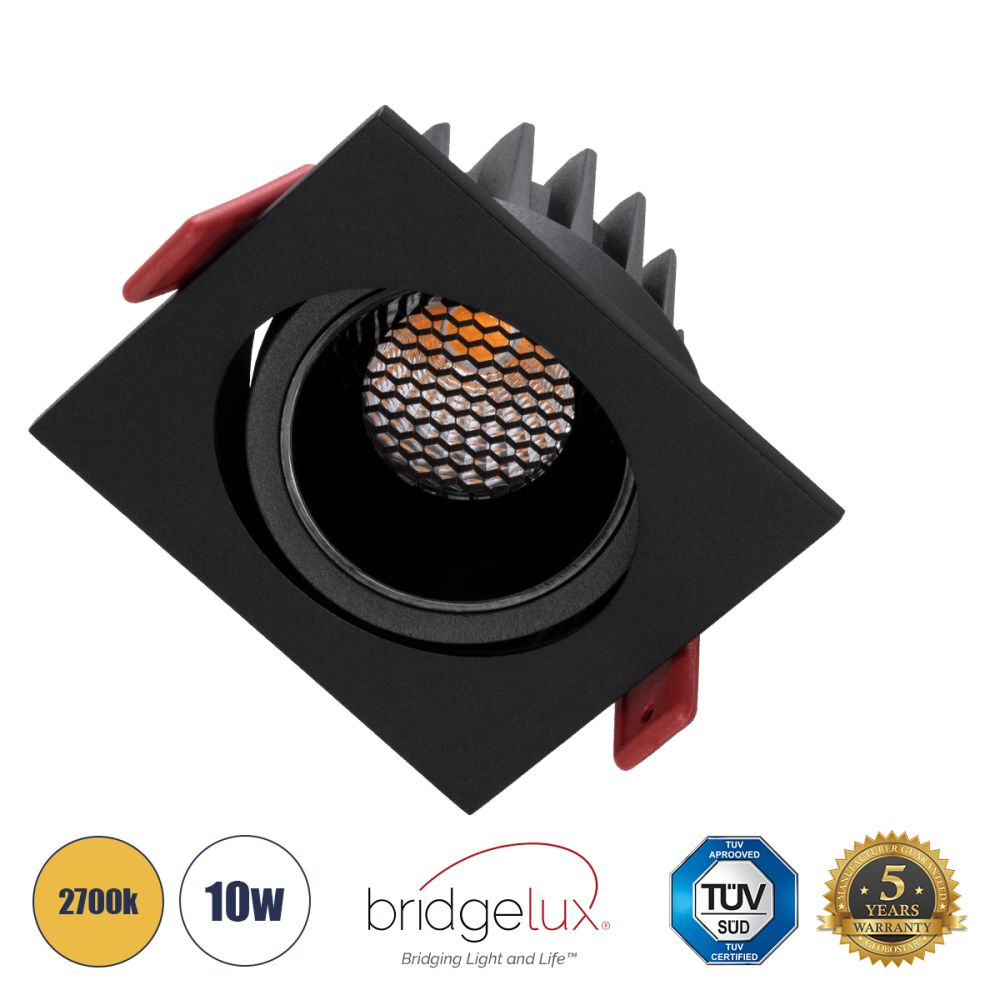 GLOBOSTAR® LEO-SQ 60293 Χωνευτό Κινούμενο Downlight Σποτ με Honeycomb Anti Glare Reflector LED 10W 1250lm 38° AC 220-240V IP20 Θερμό Λευκό 2700K - Bridgelux COB Chip & TÜV SÜD Driver - Μαύρο Ματ - Μ8.5 x Π8.5 x Υ6.6cm / Q7.5 x 7.5cm - 5 Χρόνια Εγγύηση