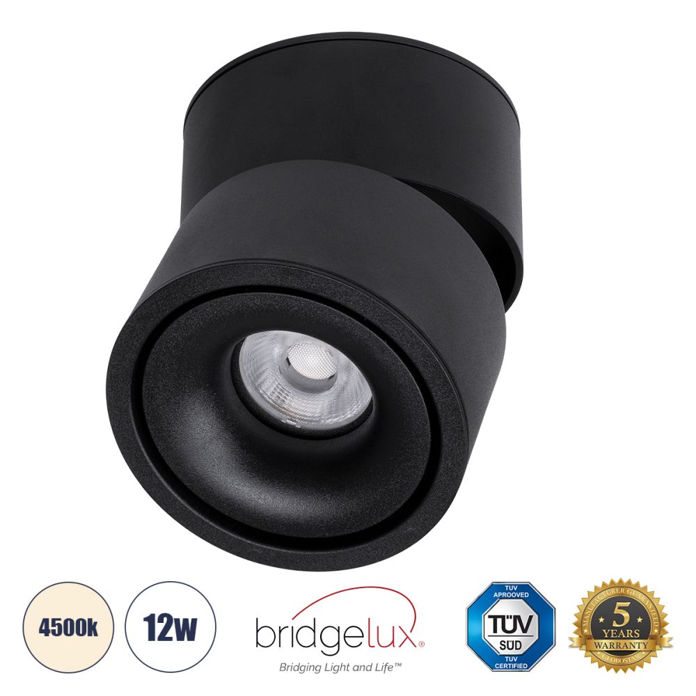 GLOBOSTAR® OMEGA-S 60300 Κινούμενο Downlight Σποτ LED 12W 1560lm 36° AC 220-240V IP20 Φυσικό Λευκό 4500K - Bridgelux COB Chip & TÜV SÜD Driver - Μαύρο Ματ - Μ10 x Π10 x Υ10.5cm - 5 Χρόνια Εγγύηση