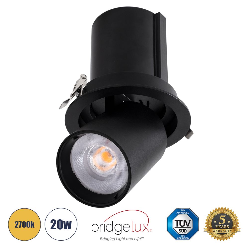 GLOBOSTAR® VIRGO-B 60313 Χωνευτό Κινούμενο Downlight Σποτ LED 20W 2500lm 36° AC 220-240V IP20 Θερμό Λευκό 2700K - Bridgelux COB Chip & TÜV SÜD Driver - Μαύρο Ματ - Μ13.5 x Π13.5 x Υ14cm / Q11.5cm - 5 Χρόνια Εγγύηση