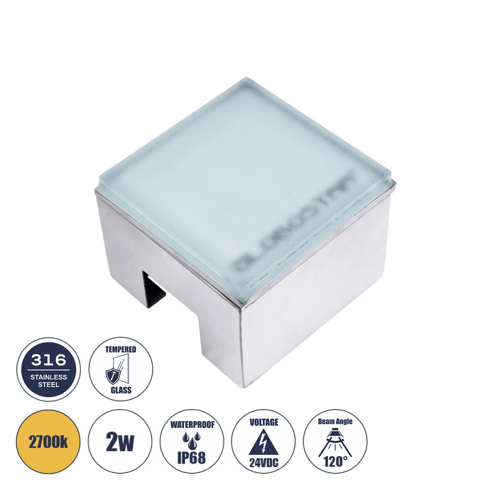 GLOBOSTAR® CYBOLITHOS 60365 Χωνευτό Αρχιτεκτονικο Φωτιστικό Σποτ Δαπέδου LED 2W 220lm 120° DC 24V Αδιάβροχο IP68 IK06 Θερμό Λευκό 2700K Dimmable - Bridgelux SMD Chip - Γαλακτερό Tempered Glass & Ανοξείδωτο Ατσάλι SS316 - Μ10 x Π10x Υ8cm / Q10 x 10cm -