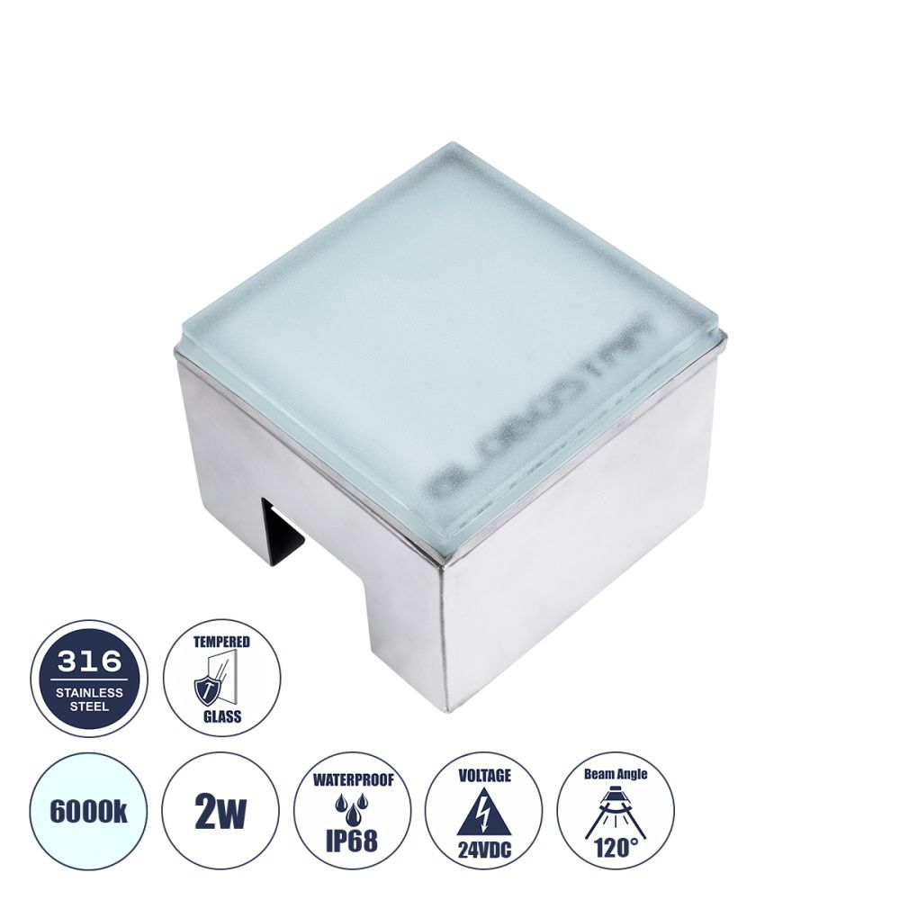 GLOBOSTAR® CYBOLITHOS 60366 Χωνευτό Αρχιτεκτονικο Φωτιστικό Σποτ Δαπέδου LED 2W 240lm 120° DC 24V Αδιάβροχο IP68 IK06 Ψυχρό Λευκό 6000K Dimmable - Bridgelux SMD Chip - Γαλακτερό Tempered Glass & Ανοξείδωτο Ατσάλι SS316 - Μ10 x Π10x Υ8cm / Q10 x 10cm -