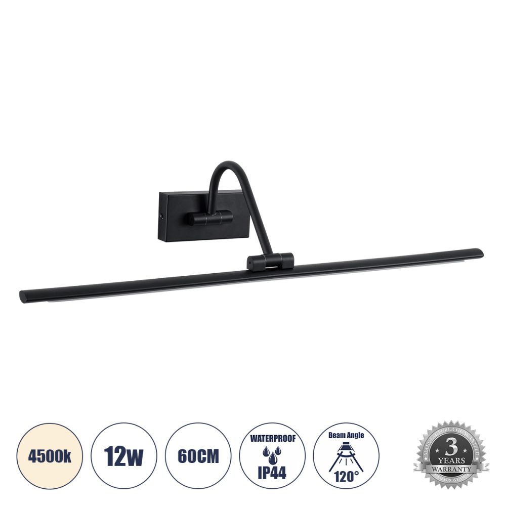 GLOBOSTAR® MIRA 60432 Μοντέρνο Φωτιστικό Τοίχου - Απλίκα Καθρέπτη Μπάνιου LED 12W 1400lm 120° AC 220-240V IP44 Φυσικό Λευκό 4500K - Lumileds SMD Chip & TÜV SÜD Driver - Μαύρο Ματ - Μ60 x Π20 x Υ13cm - 3 Χρόνια Εγγύηση