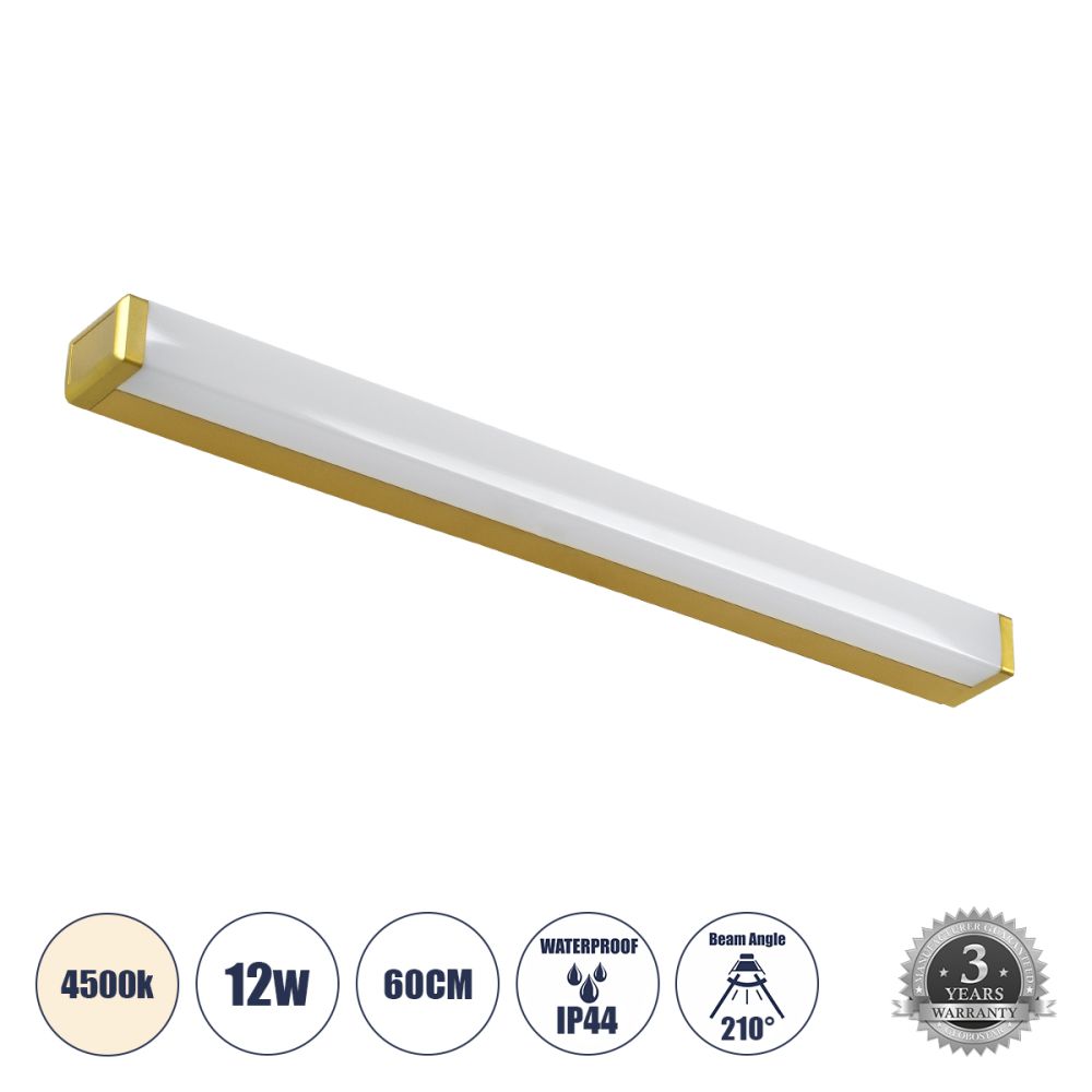 GLOBOSTAR® RENATA 60441 Μοντέρνο Φωτιστικό Τοίχου - Απλίκα Καθρέπτη Μπάνιου LED 12W 1400lm 210° AC 220-240V IP44 Φυσικό Λευκό 4500K - Lumileds SMD Chip & TÜV SÜD Driver - Χρυσό - Μ60 x Π4 x Υ5.5cm - 3 Χρόνια Εγγύηση