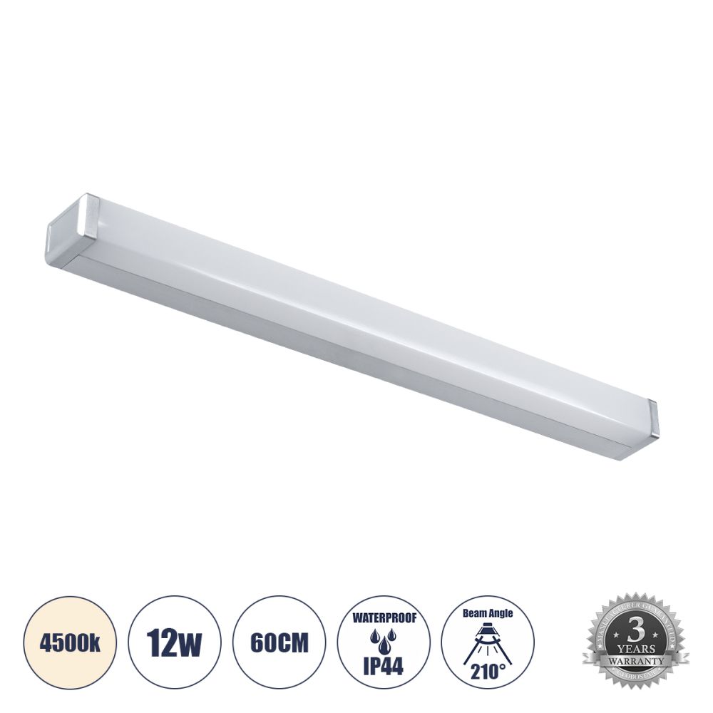 GLOBOSTAR® RENATA 60442 Μοντέρνο Φωτιστικό Τοίχου - Απλίκα Καθρέπτη Μπάνιου LED 12W 1400lm 180° AC 220-240V IP44 Φυσικό Λευκό 4500K - Lumileds SMD Chip & TÜV SÜD Driver - Νίκελ Χρώμιο - Μ60 x Π4 x Υ5.5cm - 3 Χρόνια Εγγύηση