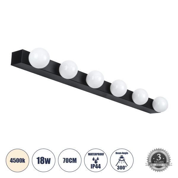 GLOBOSTAR® BELLA 60452 Μοντέρνο Φωτιστικό Τοίχου - Απλίκα Καθρέπτη Μπάνιου LED 18W 2052lm 300° AC 220-240V IP44 Φυσικό Λευκό 4500K - Bridgelux COB Chip & TÜV SÜD Driver - Μαύρο Ματ & Λευκό - Μ70 x Π11 x Υ6cm - 3 Χρόνια Εγγύηση