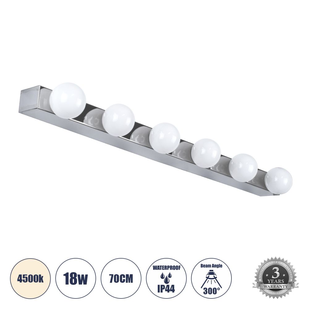 GLOBOSTAR® BELLA 60453 Μοντέρνο Φωτιστικό Τοίχου - Απλίκα Καθρέπτη Μπάνιου LED 18W 2052lm 300° AC 220-240V IP44 Φυσικό Λευκό 4500K - Bridgelux COB Chip & TÜV SÜD Driver - Ασημί & Λευκό - Μ70 x Π11 x Υ6cm - 3 Χρόνια Εγγύηση