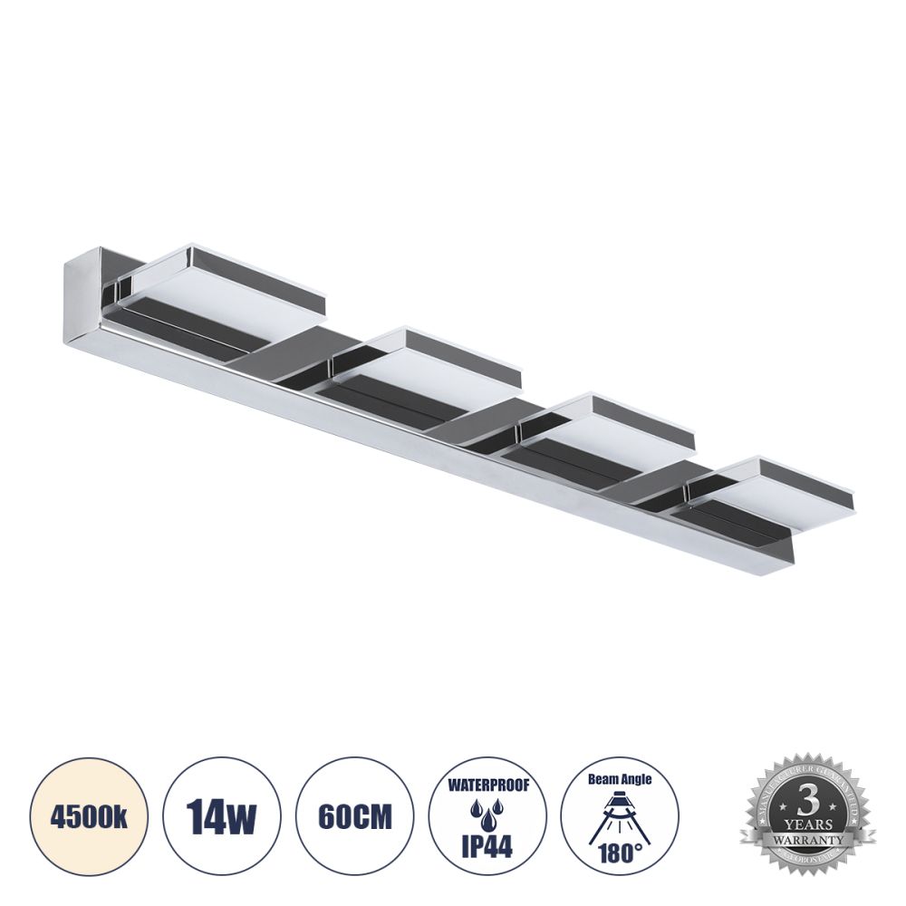 GLOBOSTAR® KARLA 60456 Μοντέρνο Φωτιστικό Τοίχου - Απλίκα Καθρέπτη Μπάνιου LED 14W 1600lm 180° AC 220-240V IP44 Φυσικό Λευκό 4500K - Lumileds SMD Chip & TÜV SÜD Driver - Νίκελ Χρώμιο - Μ60 x Π9 x Υ5cm - 3 Χρόνια Εγγύηση