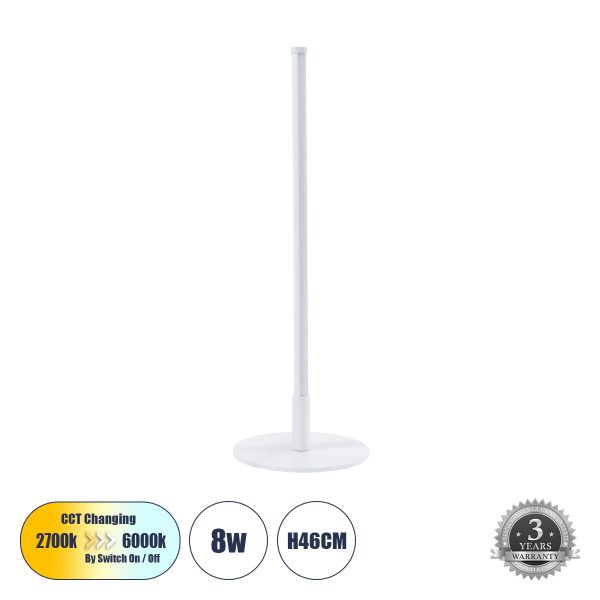 GloboStar® DALUMA 60468 Επιτραπέζιο Φωτιστικό LED CCT 8W 880lm 200° AC 220-240V - Εναλλαγή Φωτισμού μέσω On/Off All In One Ψυχρό 6000k+Φυσικό 4500k+Θερμό 2700k Μ15 x Π15 x Υ46cm - Λευκό - 3 Χρόνια Εγγύηση