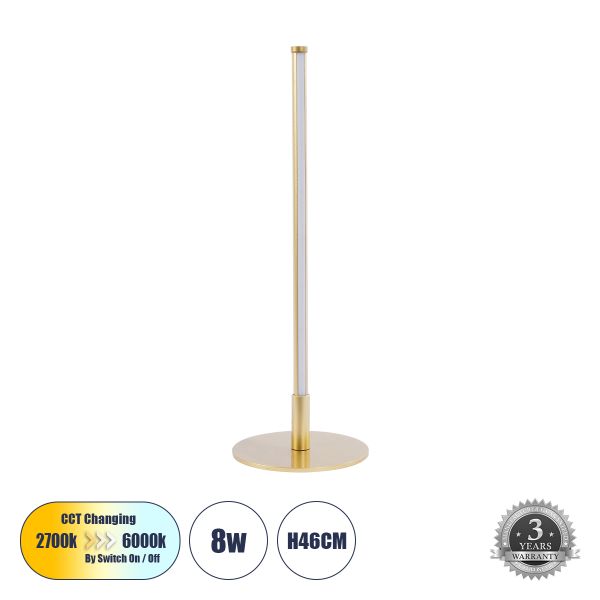 GloboStar® DALUMA 60469 Επιτραπέζιο Φωτιστικό LED CCT 8W 880lm 200° AC 220-240V - Εναλλαγή Φωτισμού μέσω On/Off All In One Ψυχρό 6000k+Φυσικό 4500k+Θερμό 2700k Μ15 x Π15 x Υ46cm - Χρυσό - 3 Χρόνια Εγγύηση