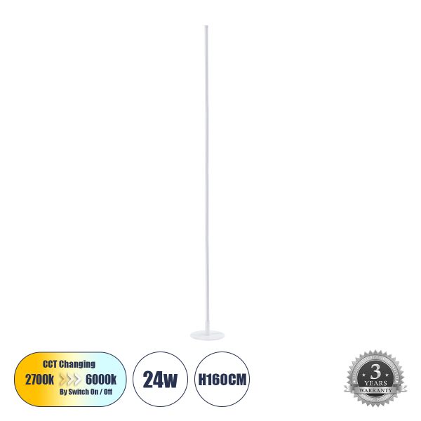 GloboStar® DALUMA 60471 Επιδαπέδιο Φωτιστικό LED CCT 24W 2640lm 200° AC 220-240V - Εναλλαγή Φωτισμού μέσω On/Off All In One Ψυχρό 6000k+Φυσικό 4500k+Θερμό 2700k Μ18 x Π18 x Υ160cm - Λευκό - 3 Χρόνια Εγγύηση