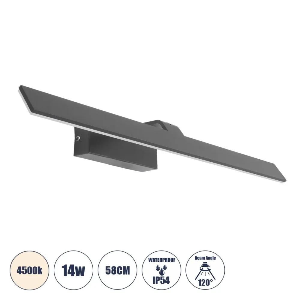 GLOBOSTAR® MIRROR 60516 Μοντέρνο Φωτιστικό Τοίχου - Απλίκα Καθρέπτη Μπάνιου LED 14W 1680lm 120° AC 220-240V IP54 Φυσικό Λευκό 4500K - Lumileds SMD Chip & TÜV SÜD Driver - Γκρι Ανθρακί Ματ - Μ58 x Π15 x Υ6cm - 2 Χρόνια Εγγύηση