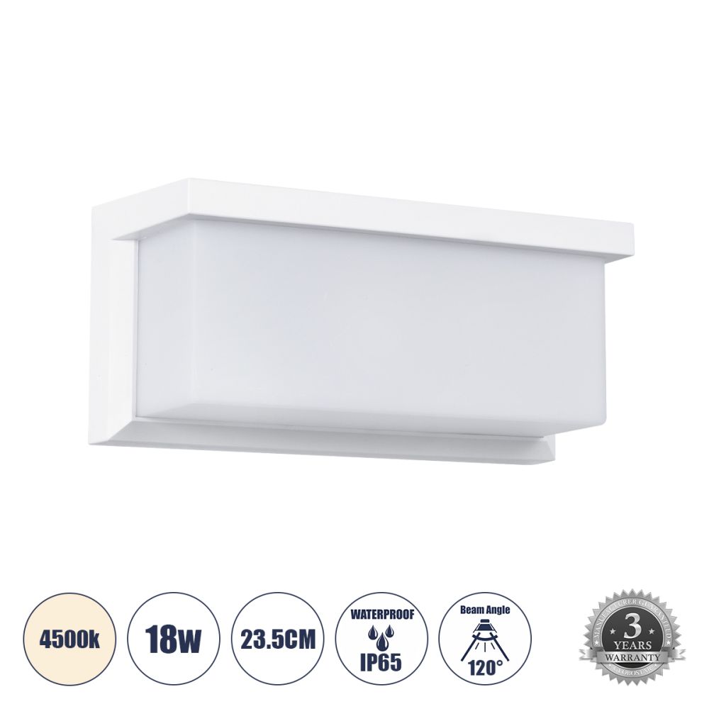 GLOBOSTAR® CITYSCAPE 60697 Μοντέρνο Φωτιστικό Τοίχου - Απλίκα LED 18W 1890lm 120° AC 220-240V Αδιάβροχο IP65 Φυσικό Λευκό 4500K - Bridgelux SMD Chip - Λευκό Ματ - Μ23.5 x Π11 x Υ10cm - 3 Χρόνια Εγγύηση