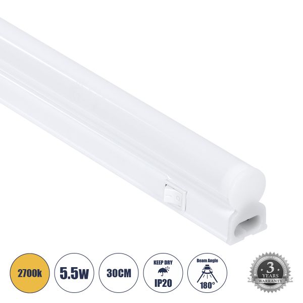 GloboStar® TUBO 60786 Γραμμικό Φωτιστικό Οροφής Linear LED Τύπου T5 Επεκτεινόμενο 5.5W 528lm 180° AC 220-240V IP20 Πάγκου Κουζίνας με Διακόπτη On/Off Μ30 x Π2.2 x Υ3.5cm Θερμό Λευκό 2700K - Λευκό - 3 Years Warranty