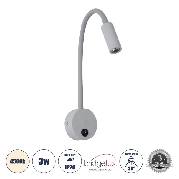 GloboStar® GOOSE 60877 Μοντέρνο Φωτιστικό Τοίχου - Απλίκα Ξενοδοχείου Bed Side LED 3W 300lm 36° AC 220-240V - Reading Light - Μ6.5 x Π15 x Υ24.5cm - Φυσικό Λευκό 4500K - Γκρι Ανθρακί - 3 Xρόνια Εγγύηση