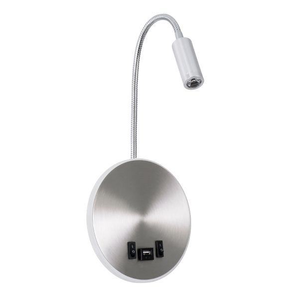 GLOBOSTAR® GOOSE 60884 Μοντέρνο Φωτιστικό Τοίχου - Απλίκα Ξενοδοχείου Reading Light με Φορτιστή USB 3A LED 6W 600lm 36° & 360° AC 220-240V IP20 Φυσικό Λευκό 4500K - CREE XPE & Lumileds SMD Chip & TÜV SÜD Driver - Νίκελ Βούρτσας - Μ15.5 x Π15 x