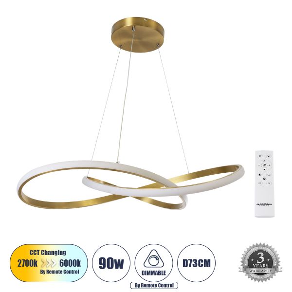 GLOBOSTAR® DEXTER 60916 Μοντέρνο Κρεμαστό Φωτιστικό Οροφής LED 90W 10080lm 300° AC 220-240V IP20 Ρυθμιζόμενο Λευκό CCT με Χειριστήριο από 2700K έως 6000K Dimmable - Lumileds SMD Chip - Χρυσό Βούρτσας - Μ73 x Π73 x Υ16cm - 3 Χρόνια Εγγύηση